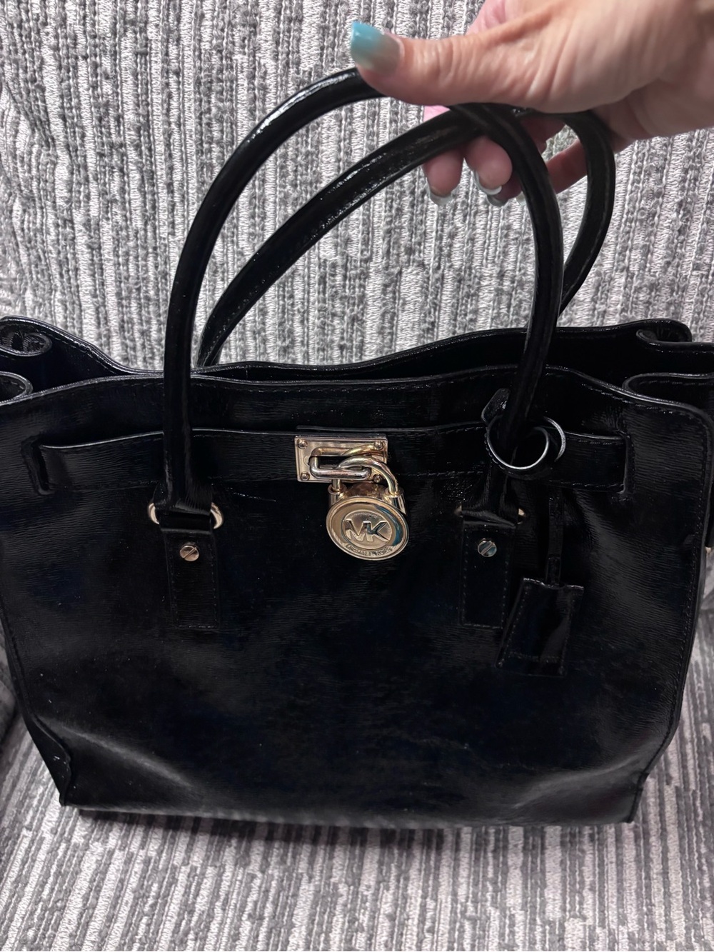 Michael Kors Hamilton Black Patent Leather Satchel with Gold Hardware